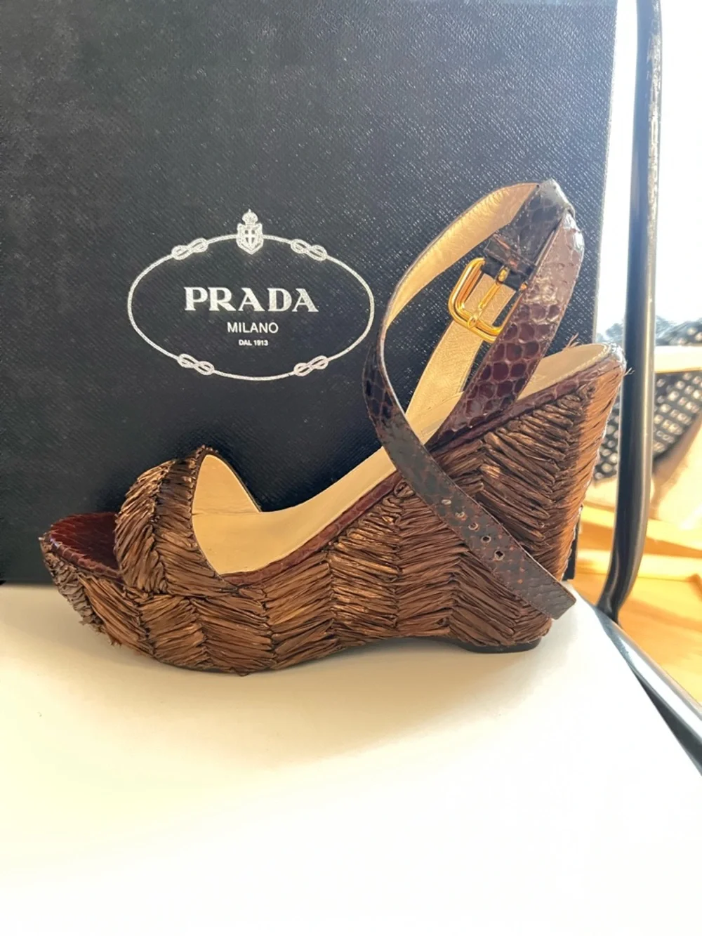 Prada Brown Woven Raffia and Leather Platform Wedge Sandals - Picture 2 of 6